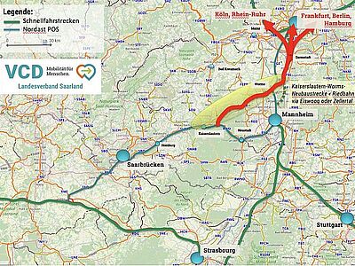 Wie gut ist das Saarland mit den umliegenden Regionen verbunden? Mit der Bahn nicht sehr gut!  - Da gibt es viel Nachholbedarf" (Karte: VCD)