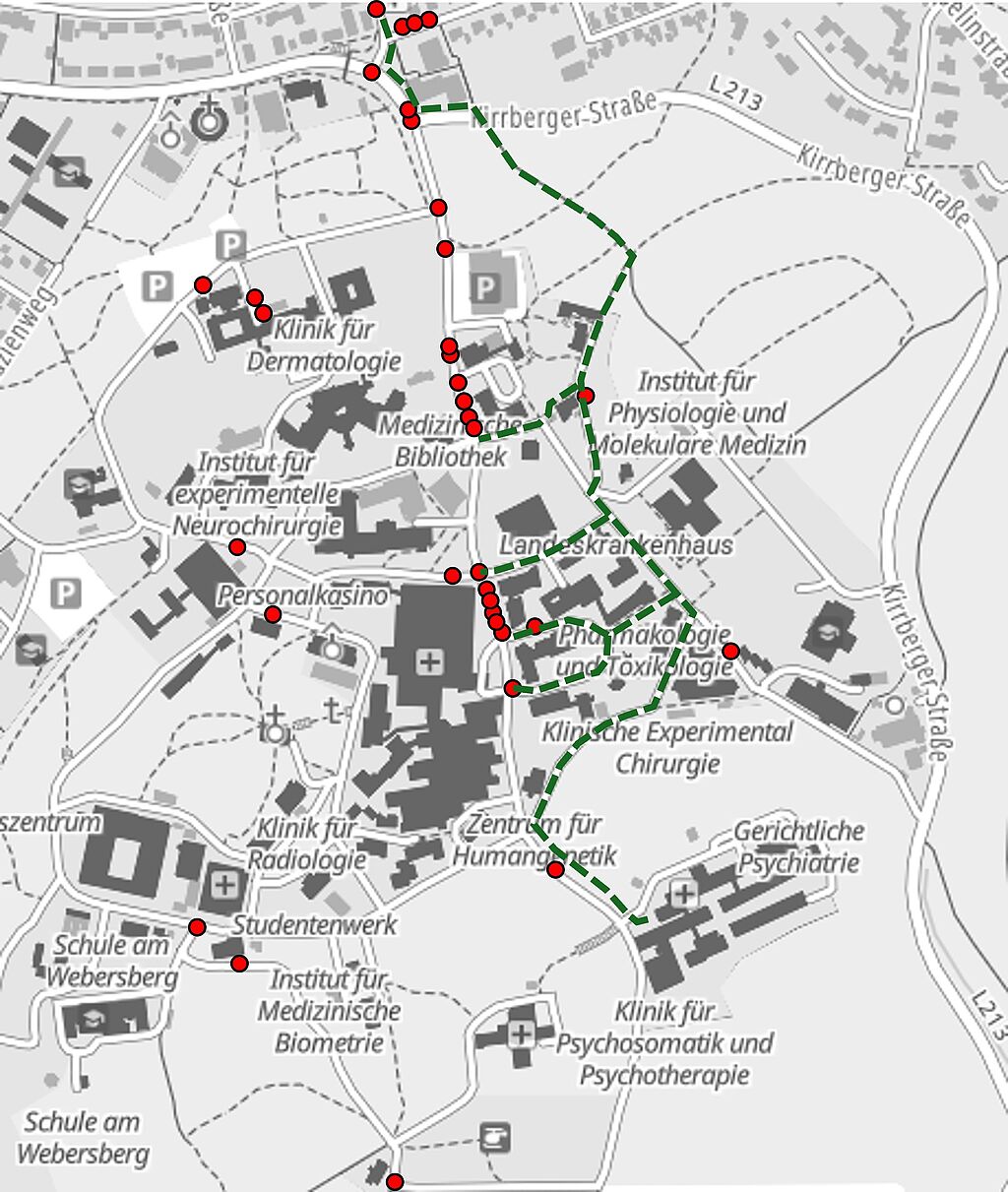 Unfallkarte der Homburger Uniklinik und vorgeschlagener Radweg