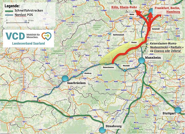 Wie gut ist das Saarland mit den umliegenden Regionen verbunden? Mit der Bahn nicht sehr gut!  - Da gibt es viel Nachholbedarf" (Karte: VCD)